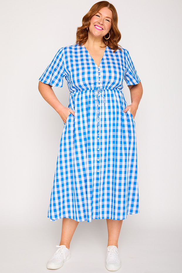 Marley Gingham Cobalt Dress – Gingham Cobalt midi dress