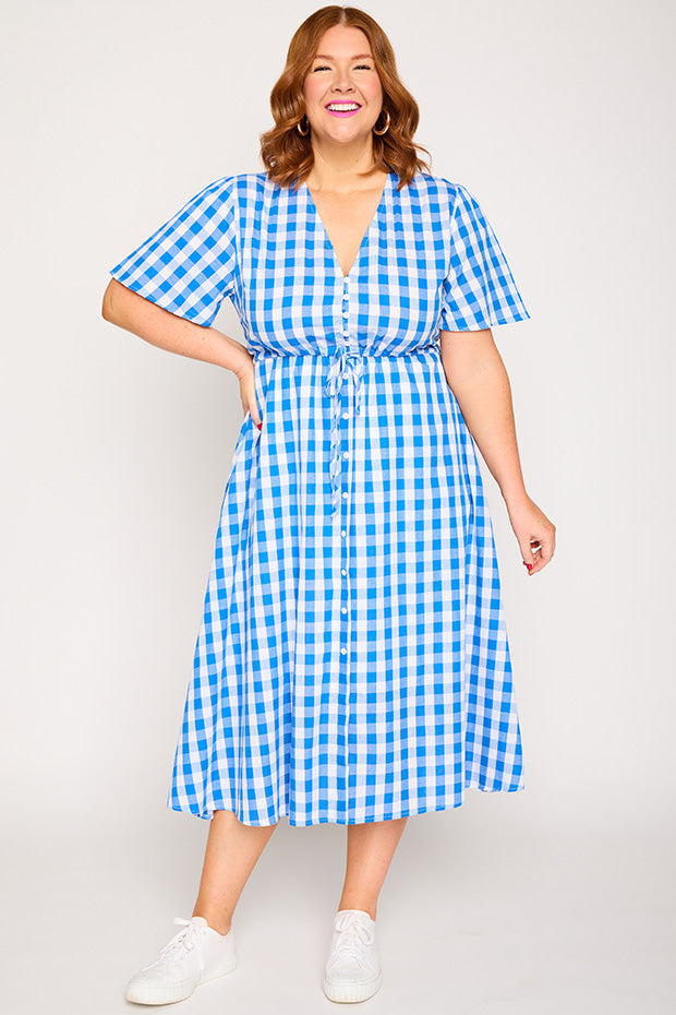 Marley Gingham Cobalt Dress – Gingham Cobalt midi dress