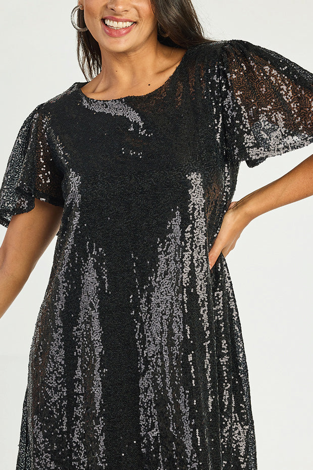 Taylor Black Sequin Dress – Black Sequin knee length dress