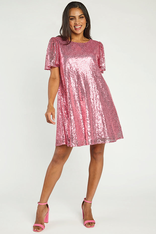 Taylor Pink Sequin Dress – Pink Sequin knee length dress