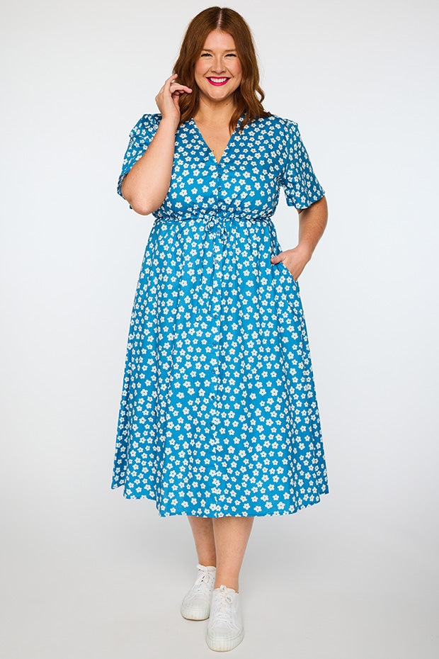 Marley Cotton Blue Sweet Daisy Dress – Blue Sweet Daisy midi dress