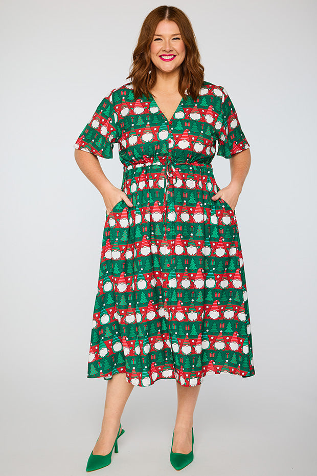 Marley Christmas Gnomes Dress – Christmas Gnomes midi dress