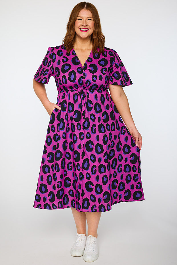 Marley Cotton Purple Leopard Dress – Purple Leopard midi dress