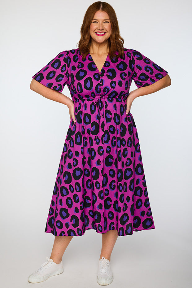 Marley Cotton Purple Leopard Dress – Purple Leopard midi dress