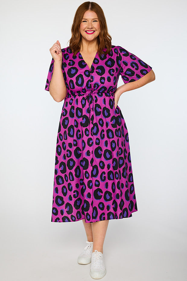 Marley Cotton Purple Leopard Dress – Purple Leopard midi dress