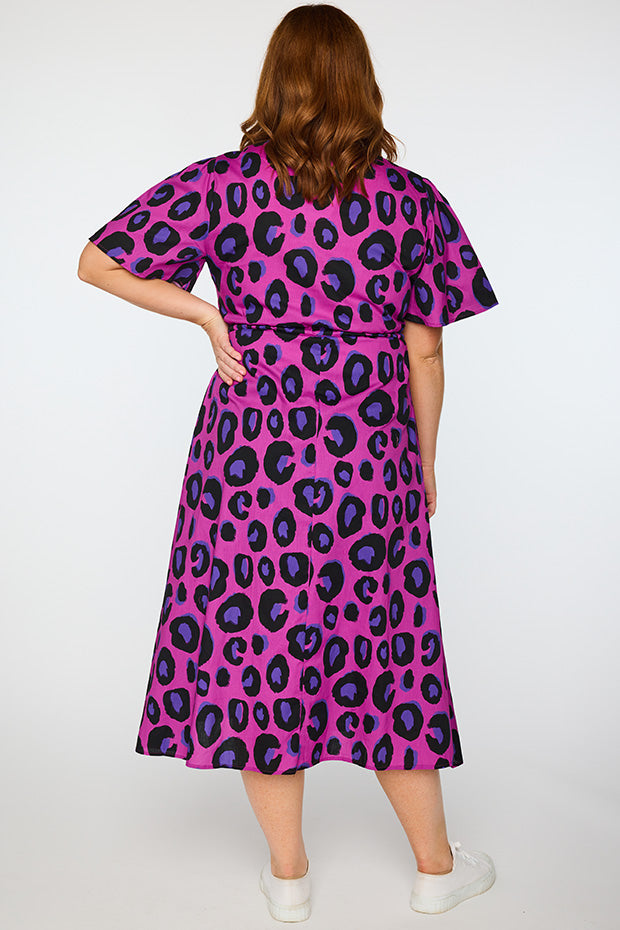 Marley Cotton Purple Leopard Dress – Purple Leopard midi dress