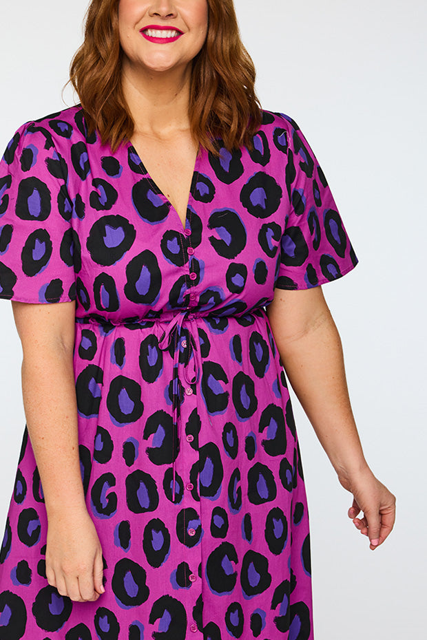 Marley Cotton Purple Leopard Dress – Purple Leopard midi dress