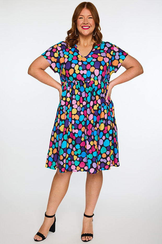 Savannah Rainbow Pebble Spots Dress – Rainbow Pebble Spots midi dress