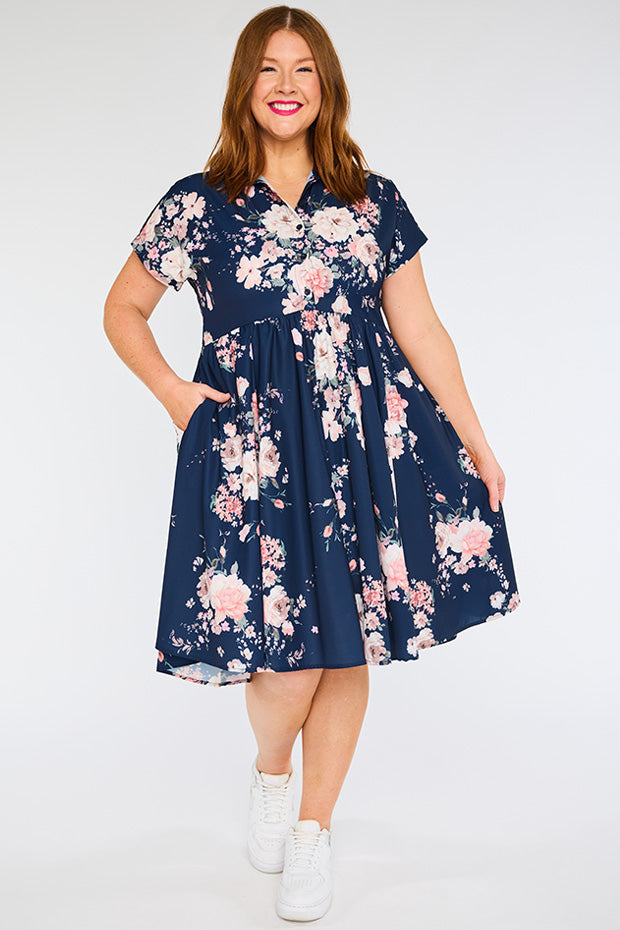 Frankie Navy Floral Dress – Navy Floral shirt dress