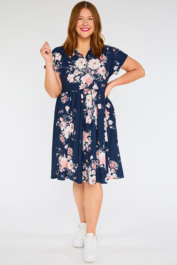 Frankie Navy Floral Dress – Navy Floral shirt dress