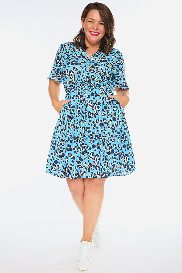 Siena Blue Leopard Dress – Blue Leopard knee length dress