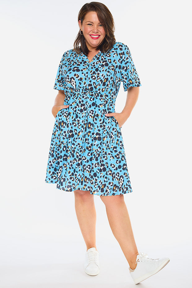 Siena Blue Leopard Dress – Blue Leopard knee length dress