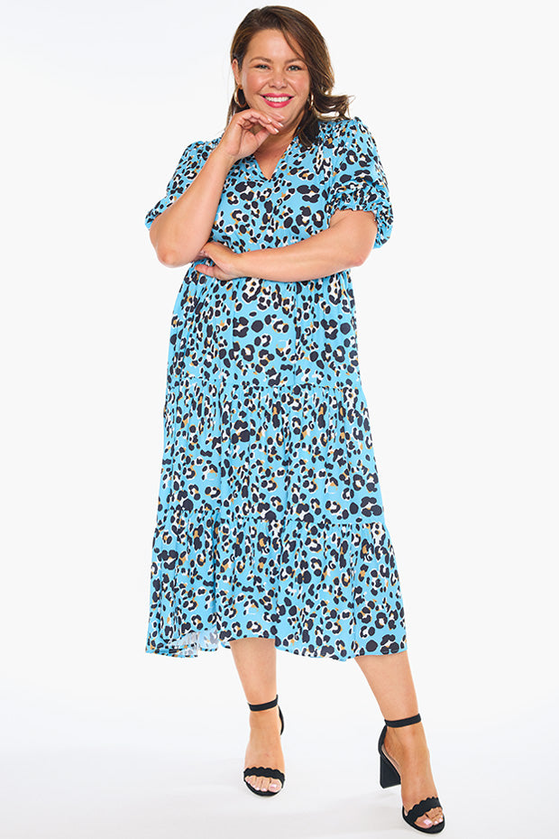 Sylvia Blue Leopard Dress – Blue Leopard midi dress