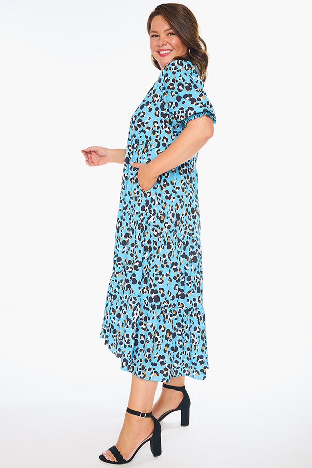 Sylvia Blue Leopard Dress – Blue Leopard midi dress