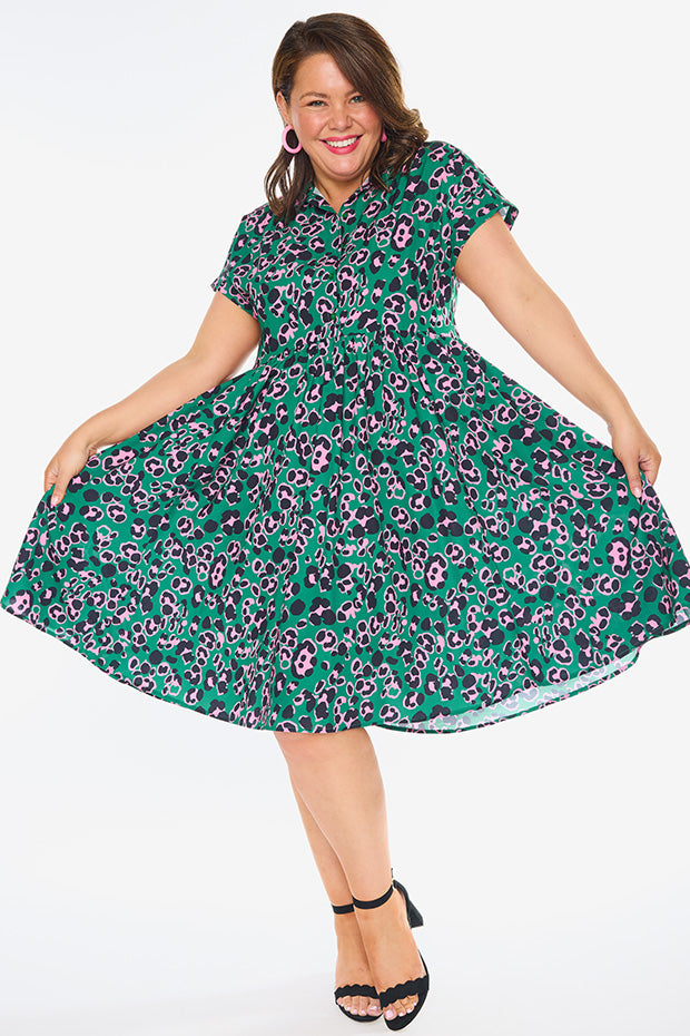 Frankie Green Leopard Dress – Green Leopard shirt dress