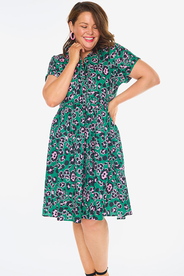 Frankie Green Leopard Dress – Green Leopard shirt dress