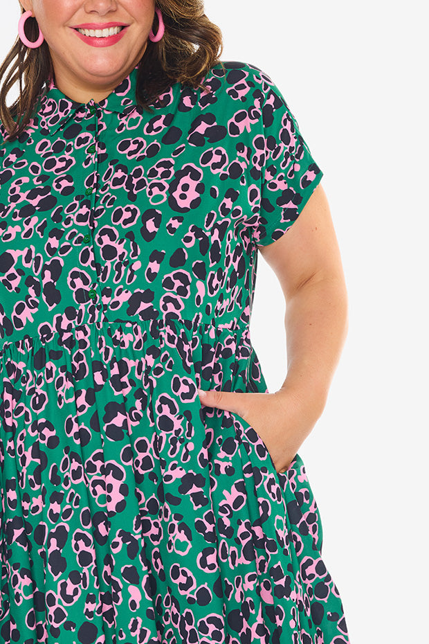 Frankie Green Leopard Dress – Green Leopard shirt dress