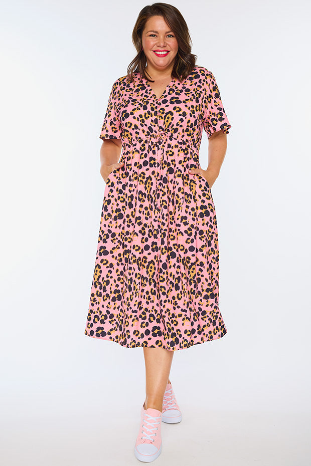 Marley Pink Leopard Dress – Pink Leopard midi dress