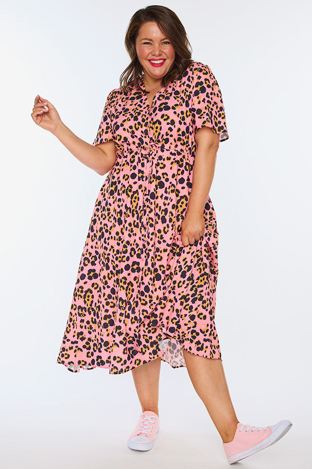 Marley Pink Leopard Dress – Pink Leopard midi dress