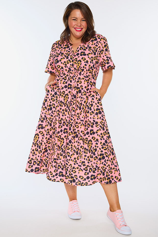 Marley Pink Leopard Dress – Pink Leopard midi dress