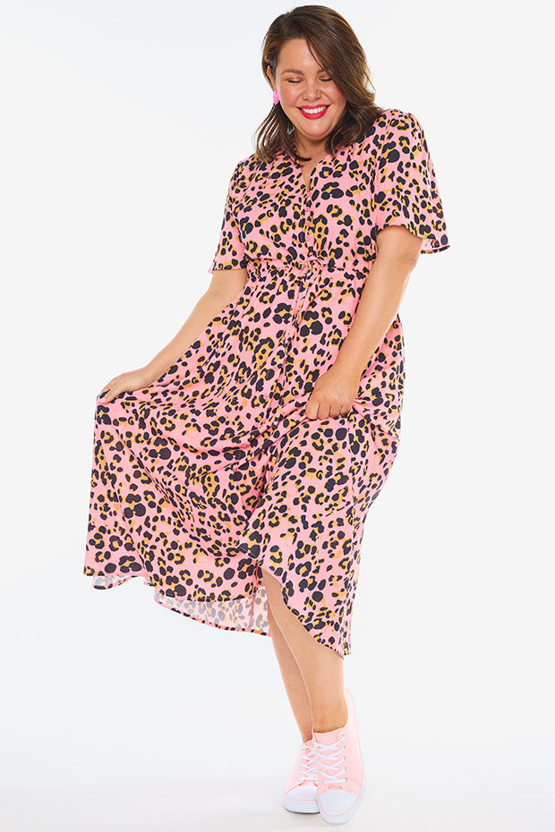 Marley Pink Leopard Dress – Pink Leopard midi dress