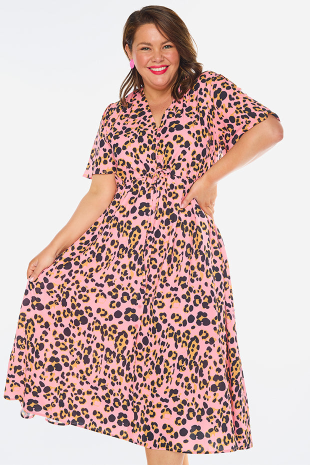 Marley Pink Leopard Dress – Pink Leopard midi dress