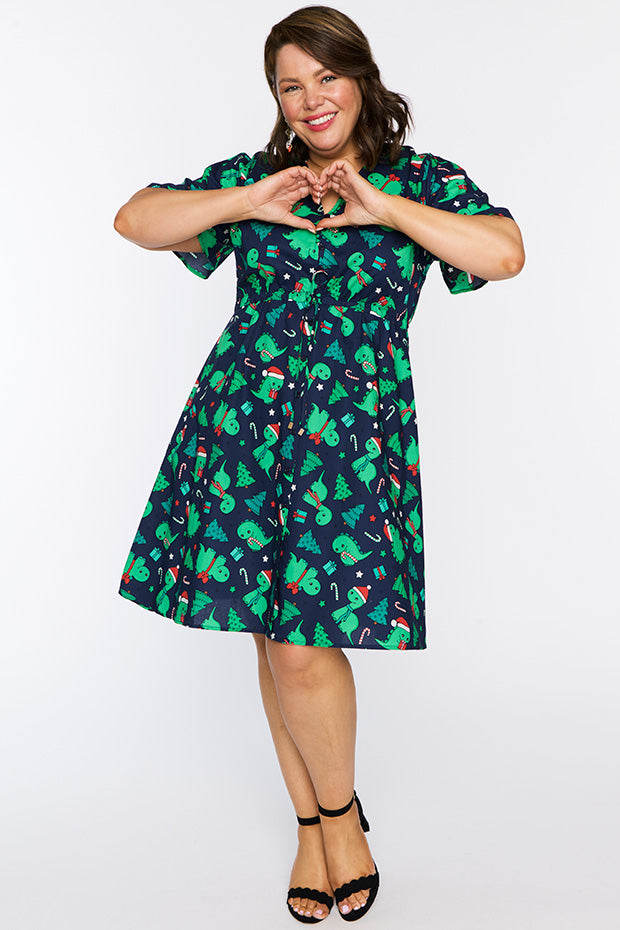 Siena Cotton Dino Christmas Dress – Dino Christmas knee length dress