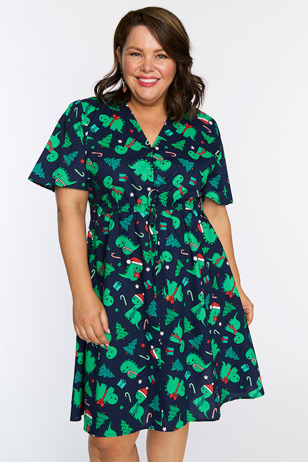 Siena Cotton Dino Christmas Dress – Dino Christmas knee length dress