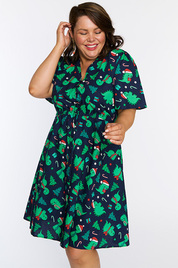Siena Cotton Dino Christmas Dress – Dino Christmas knee length dress