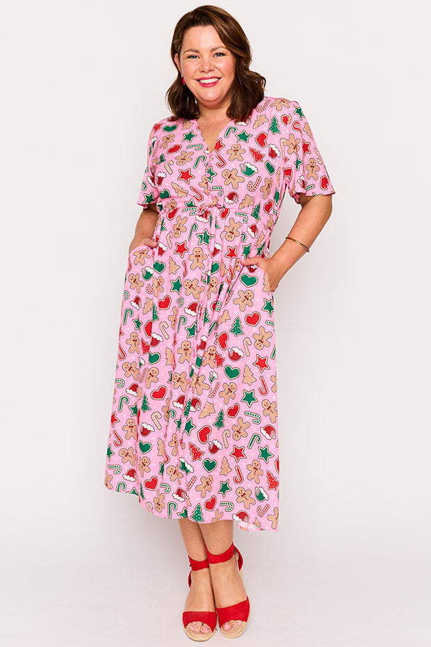 Marley Pink Gingerbread Cookie Christmas Dress – Pink Gingerbread Cookie Christmas midi dress