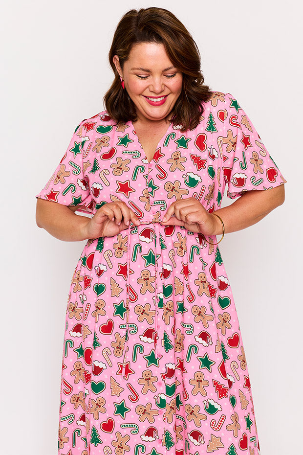 Marley Pink Gingerbread Cookie Christmas Dress – Pink Gingerbread Cookie Christmas midi dress