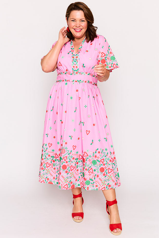 Stephanie Pink Candy Crush Christmas Dress – Pink Candy Crush Christmas midi dress