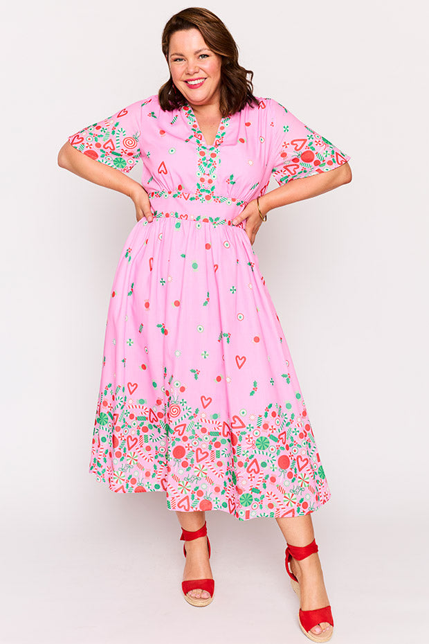 Stephanie Pink Candy Crush Christmas Dress – Pink Candy Crush Christmas midi dress