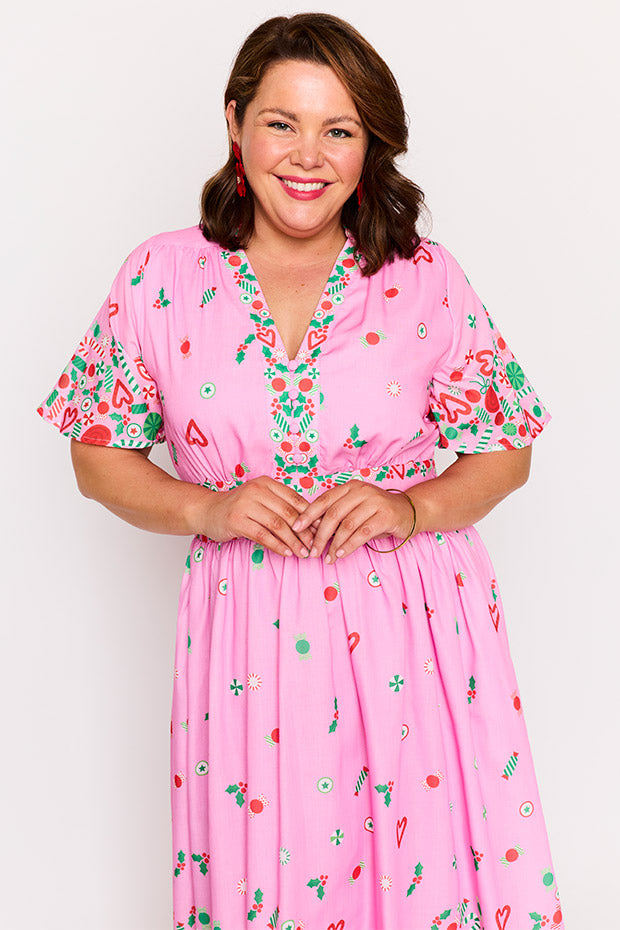Stephanie Pink Candy Crush Christmas Dress – Pink Candy Crush Christmas midi dress