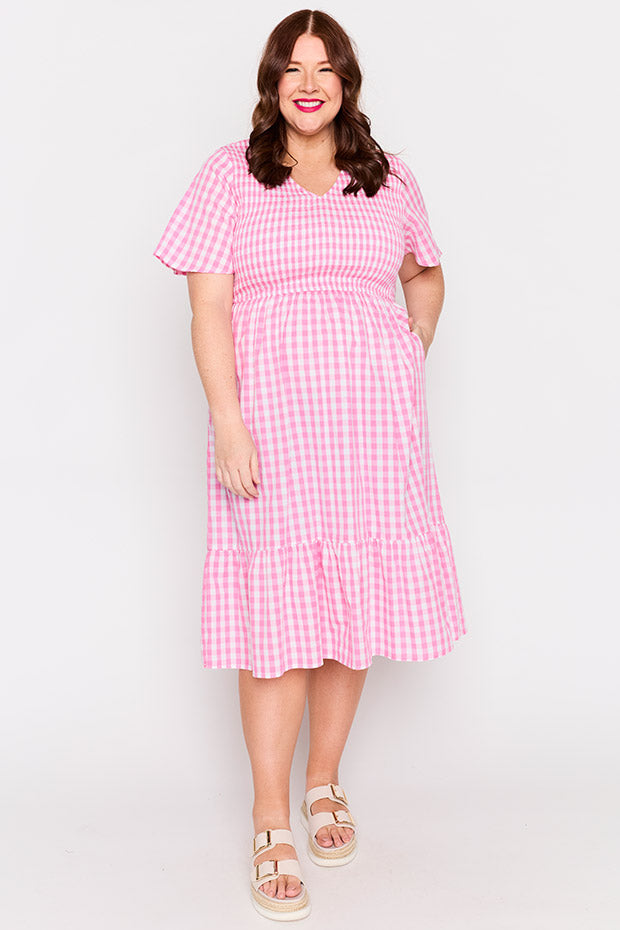 Lila Pink Gingham Dress – Pink Gingham midi dress