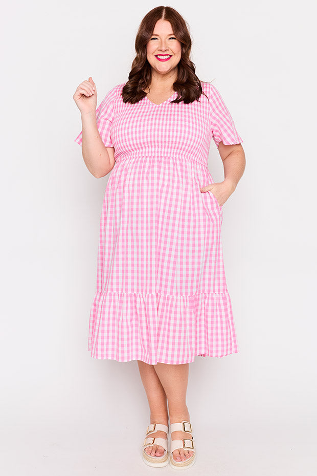 Lila Pink Gingham Dress – Pink Gingham midi dress