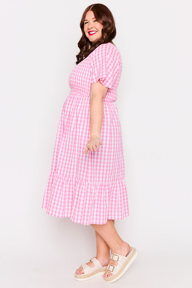 Lila Pink Gingham Dress – Pink Gingham midi dress
