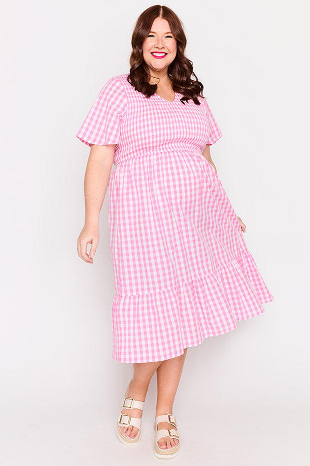 Lila Pink Gingham Dress – Pink Gingham midi dress