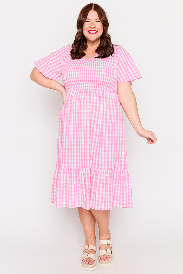 Lila Pink Gingham Dress – Pink Gingham midi dress