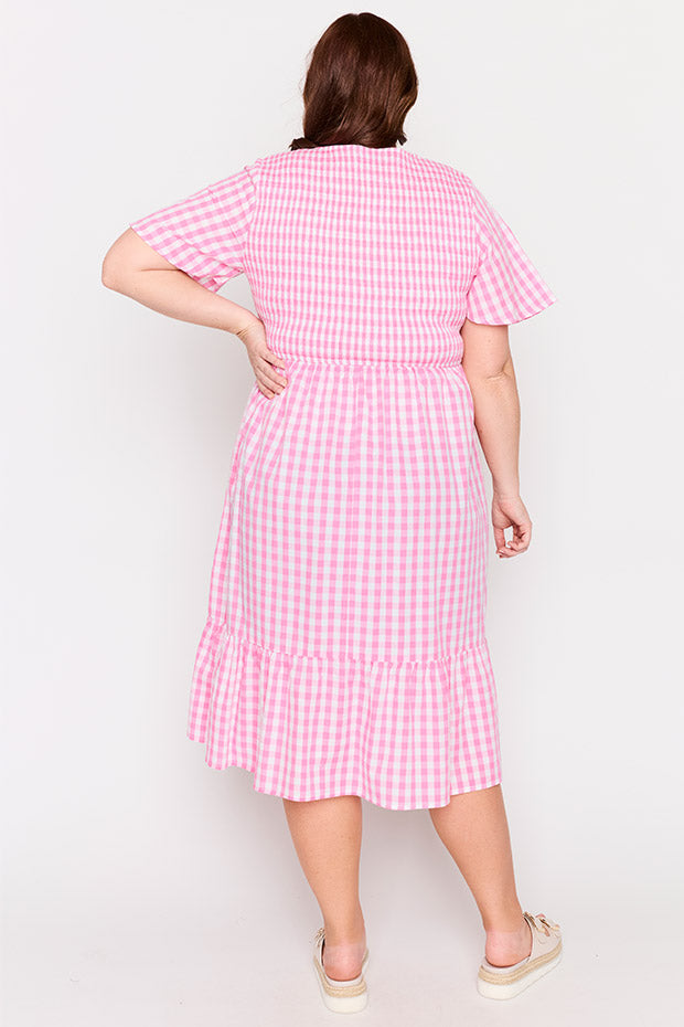 Lila Pink Gingham Dress – Pink Gingham midi dress