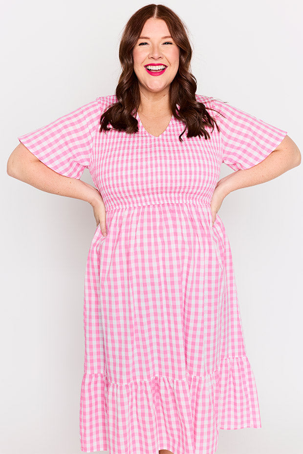 Lila Pink Gingham Dress – Pink Gingham midi dress