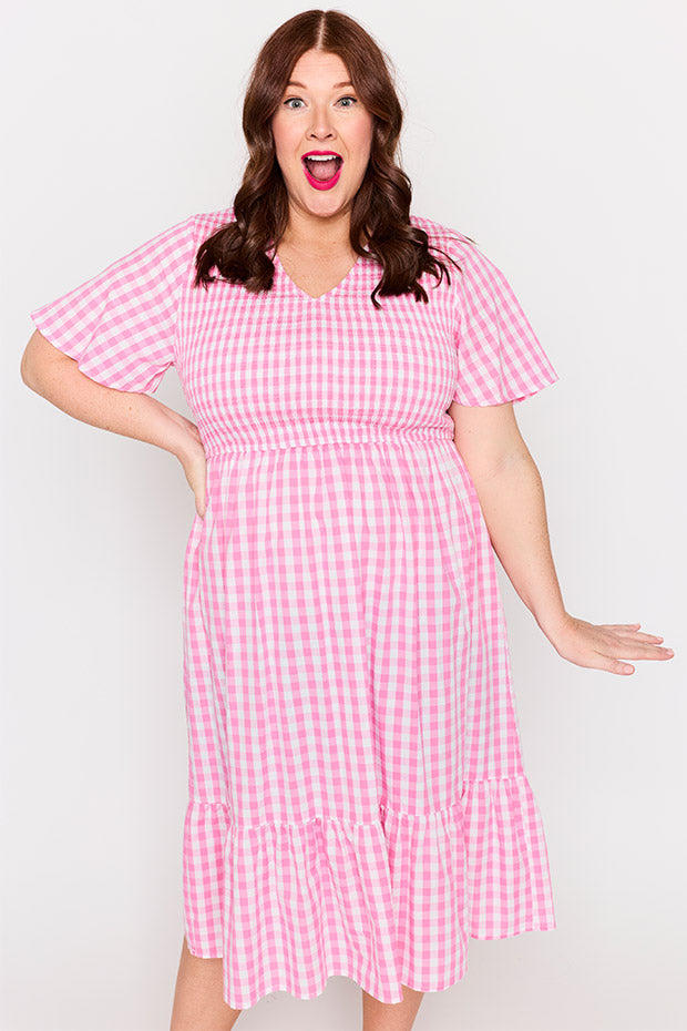 Lila Pink Gingham Dress – Pink Gingham midi dress