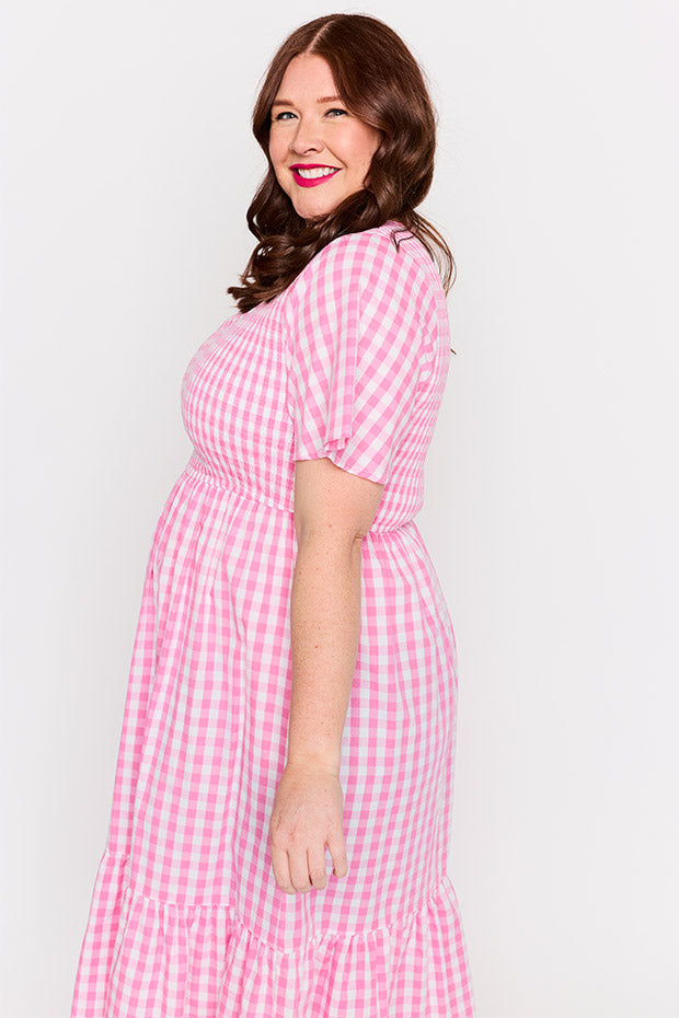 Lila Pink Gingham Dress – Pink Gingham midi dress