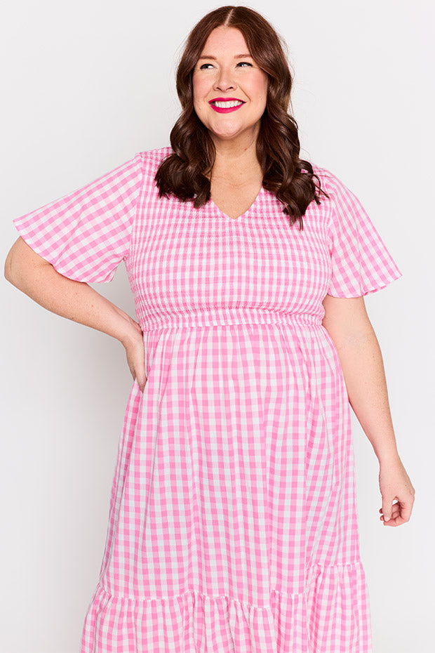 Lila Pink Gingham Dress – Pink Gingham midi dress