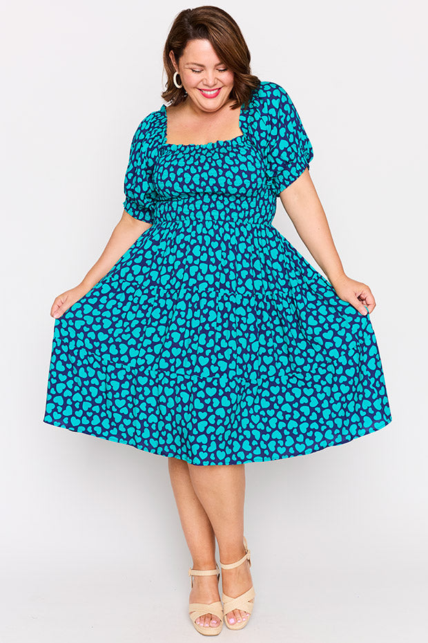 Nyla Teal Hearts Dress – Teal Hearts knee length dress