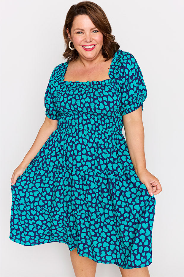 Nyla Teal Hearts Dress – Teal Hearts knee length dress