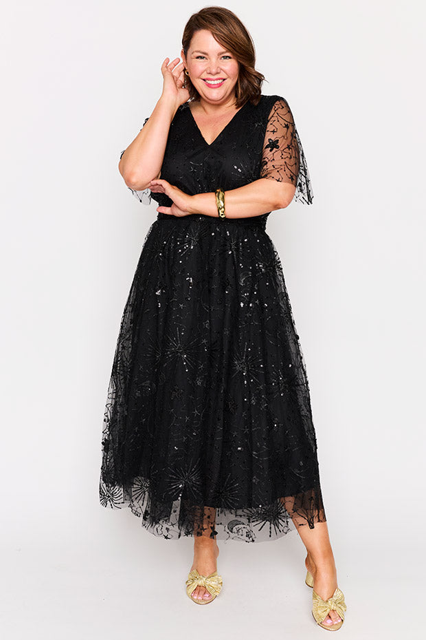 Tracey Black Sequin Party Dress – Black Sequin midi dress