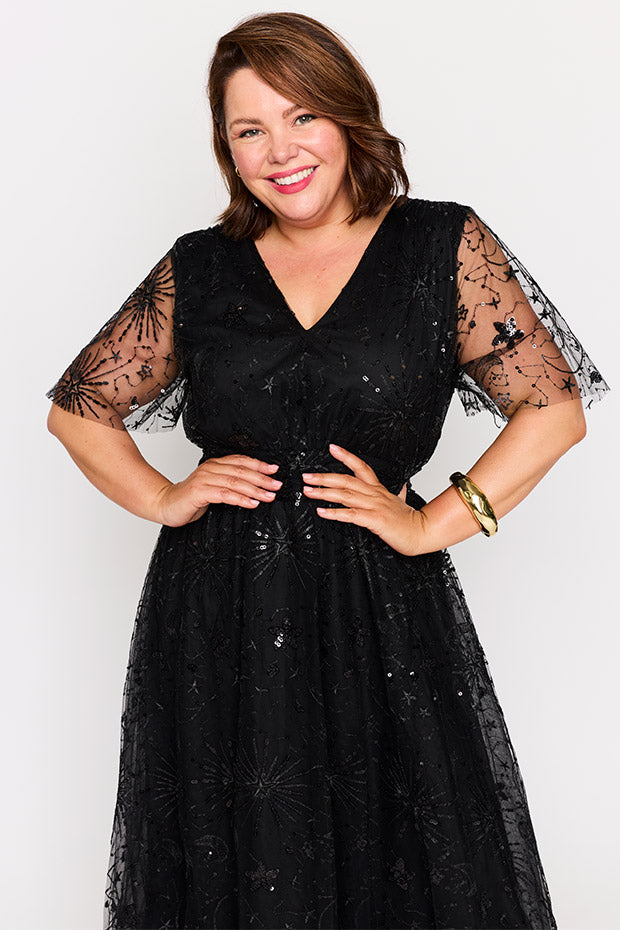 Tracey Black Sequin Party Dress – Black Sequin midi dress