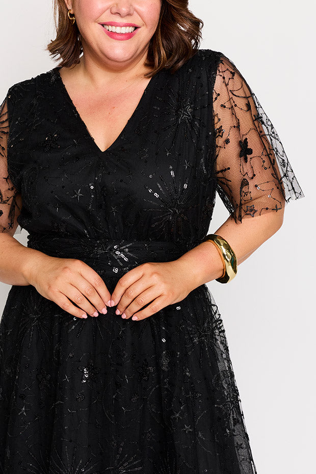Tracey Black Sequin Party Dress – Black Sequin midi dress