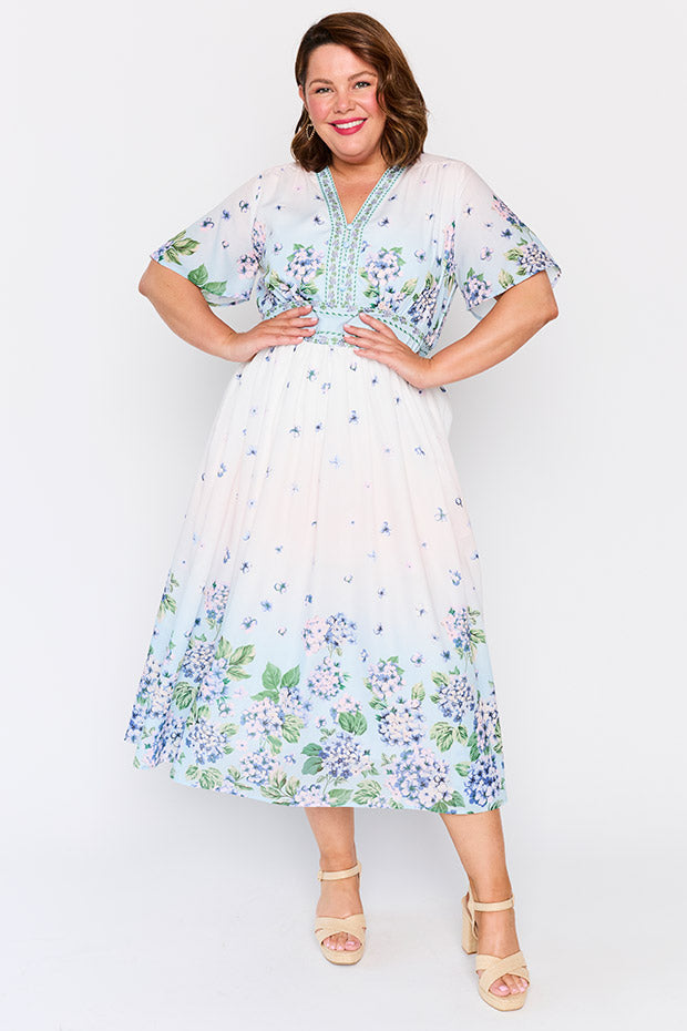 Stephanie Hydrangea Sky Dress – Hydrangea Sky midi dress